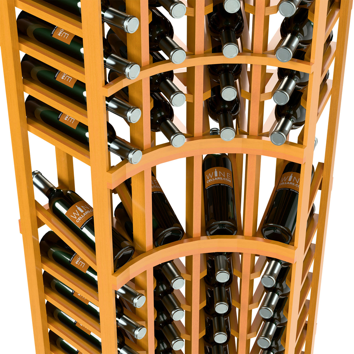 Light wood wine bottle display rack showing bottle slots and curved front arch