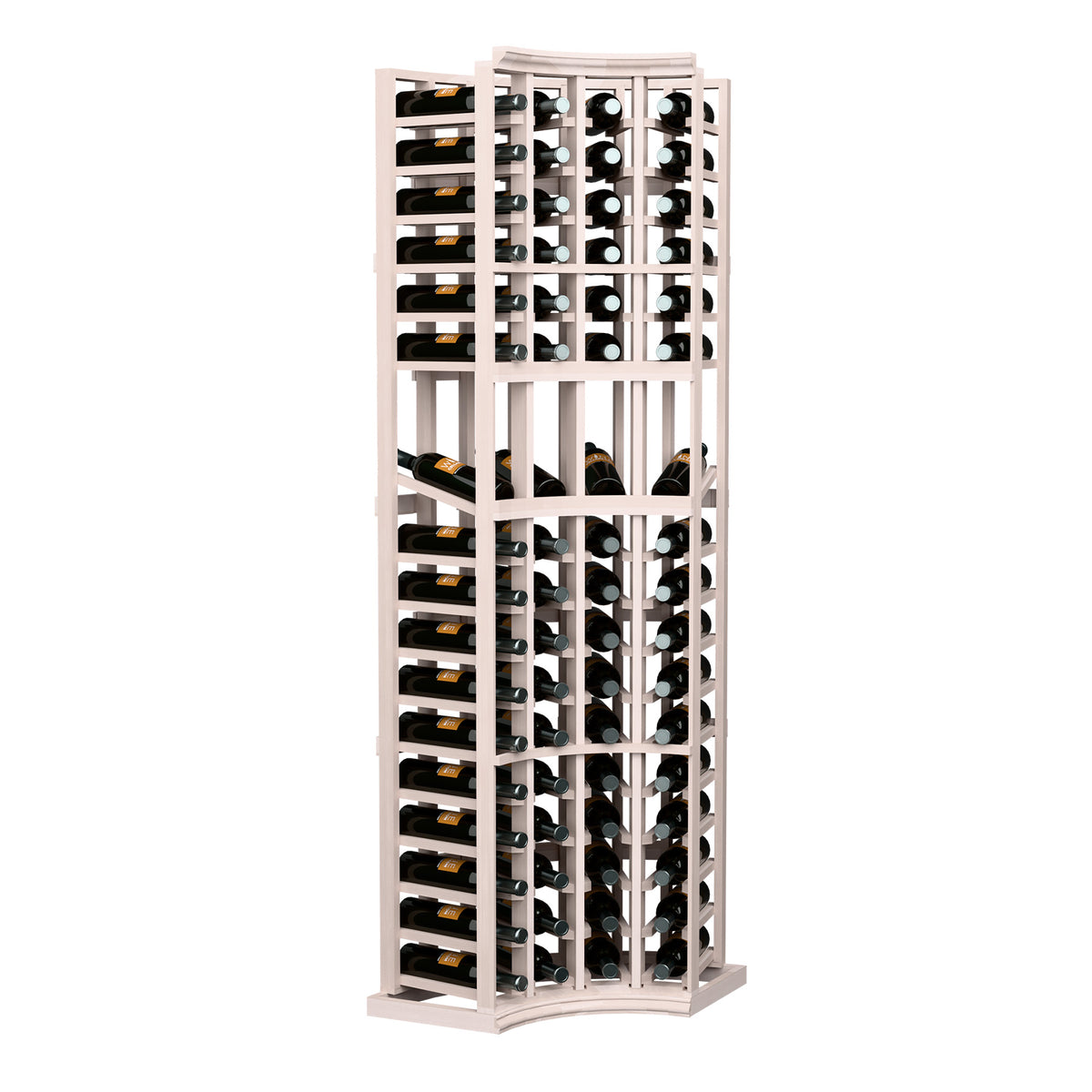 White wood wine bottle display rack with four columns and curved front arch frame
