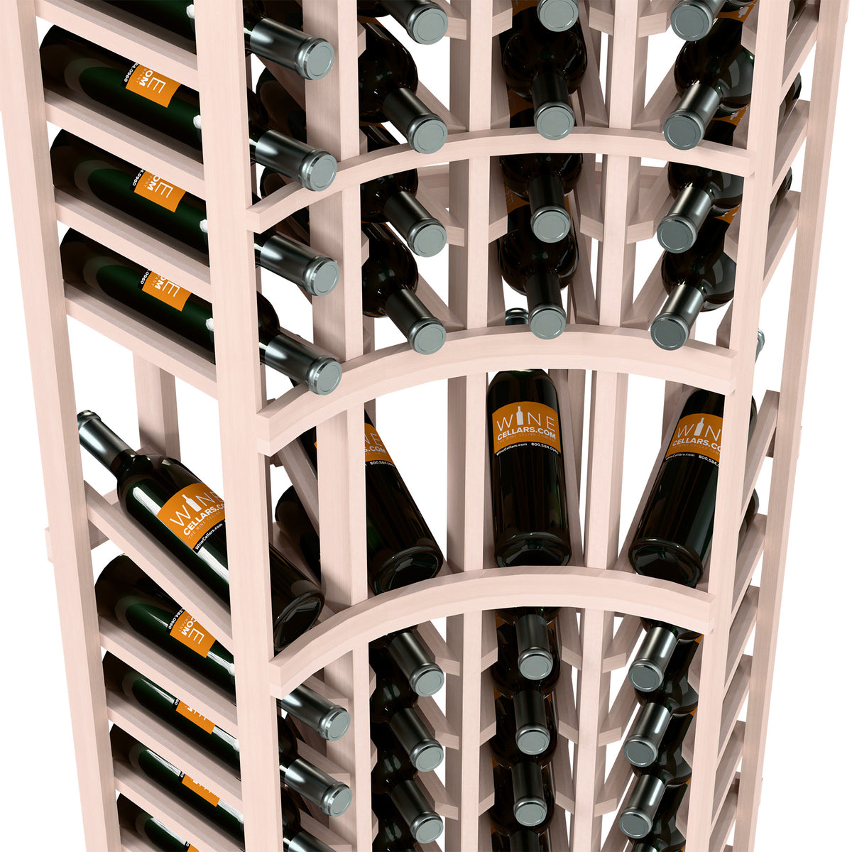 White wine bottle rack close-up with metal bottle pegs and curved front opening