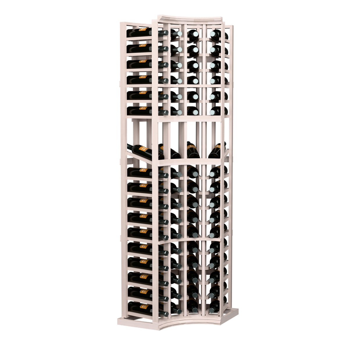 White wine bottle display rack with four columns, bottle slots, and curved bottom arch