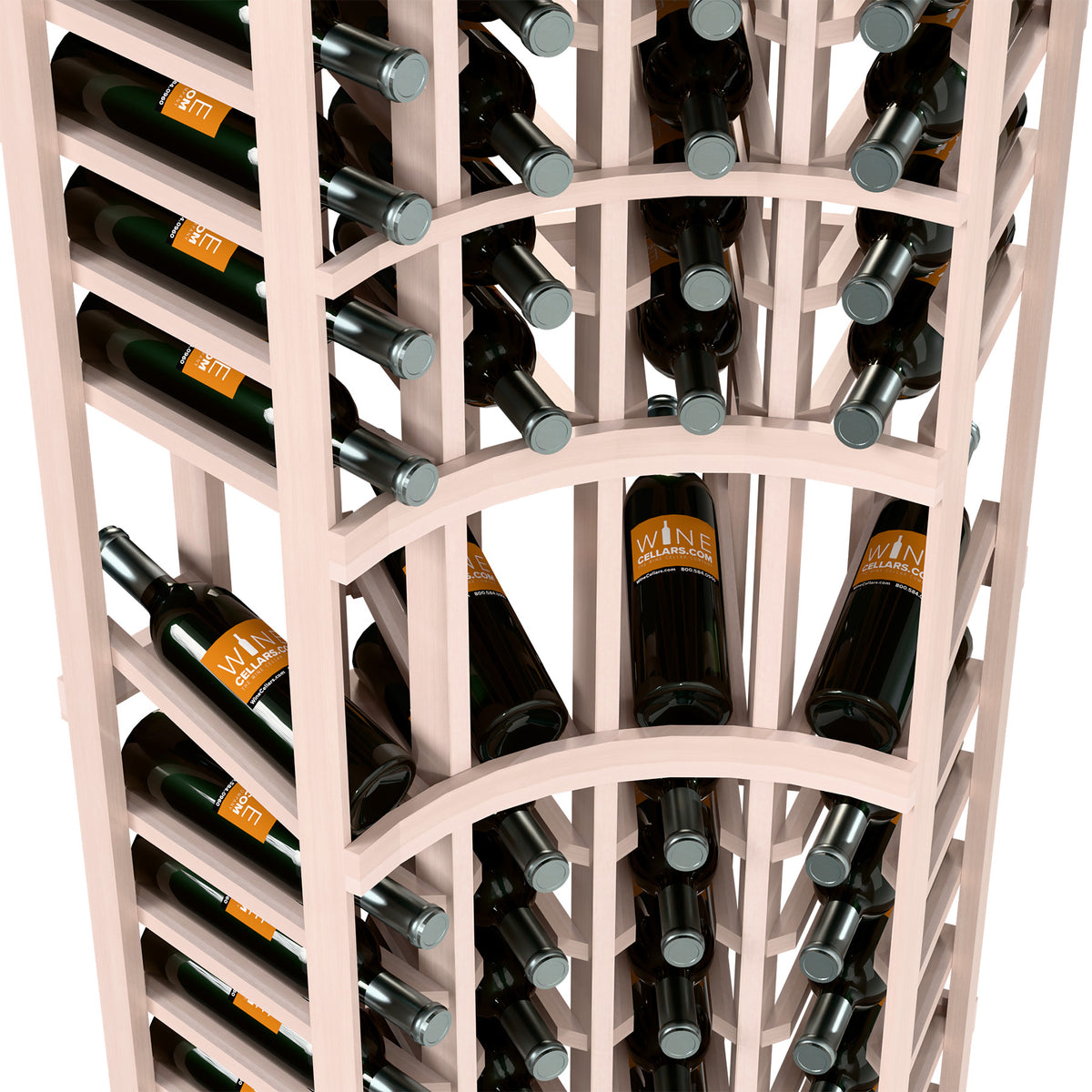 White wood wine bottle rack with bottle-neck pegs and curved front arch frame