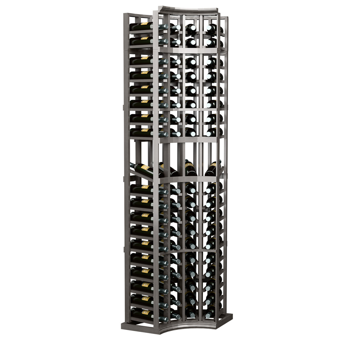 Dark grey 4-column corner wine display rack with curved base and bottle storage
