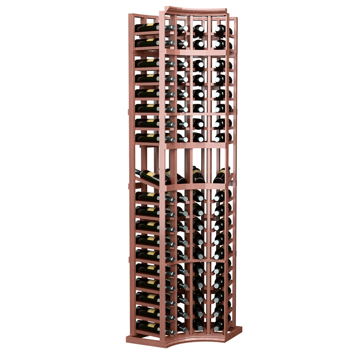 Red-brown 4-column corner wine display rack with curved base and bottle storage