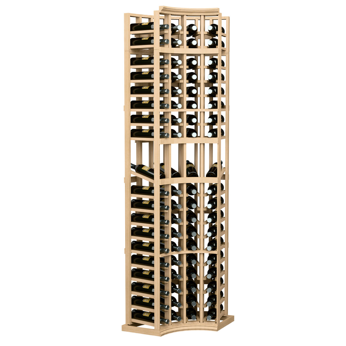 Light wood 4-column corner wine display rack with curved base and bottle cubbies
