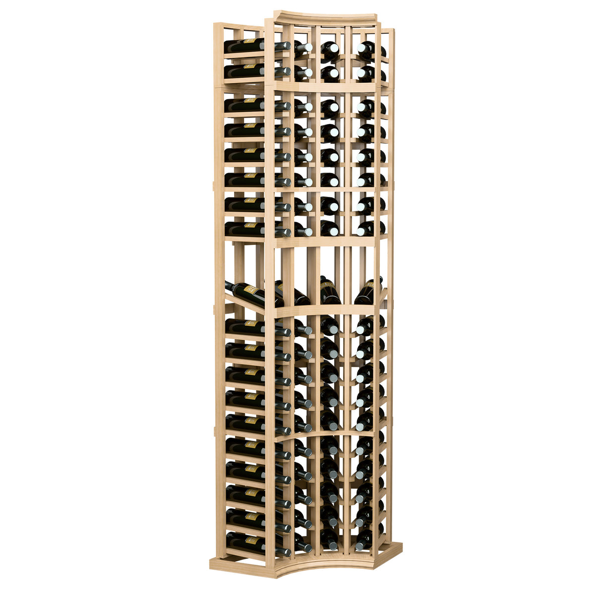 Light wood 4-column corner wine display rack with curved base and bottle storage