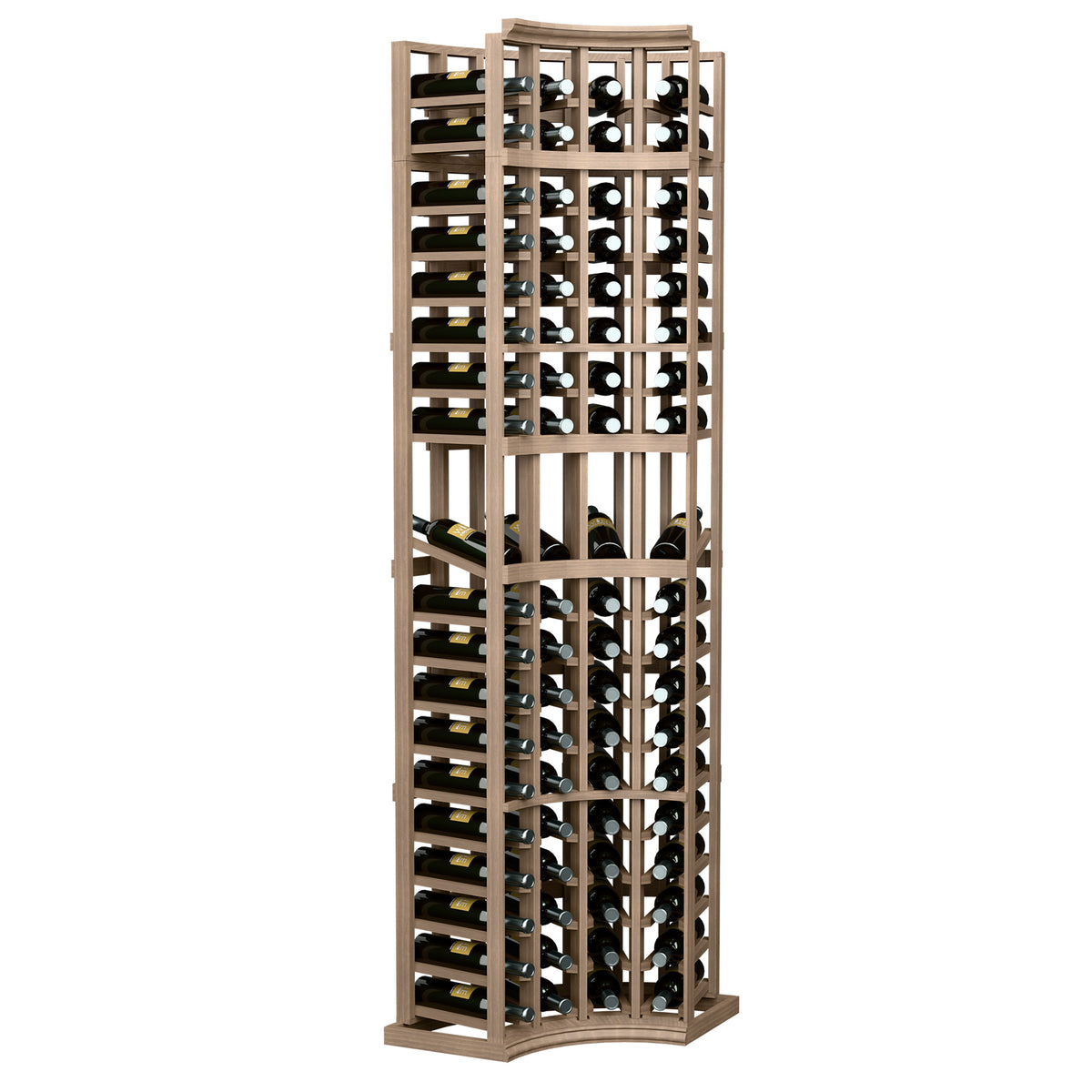 Medium brown 4-column corner wine display rack with curved base and bottle cubbies