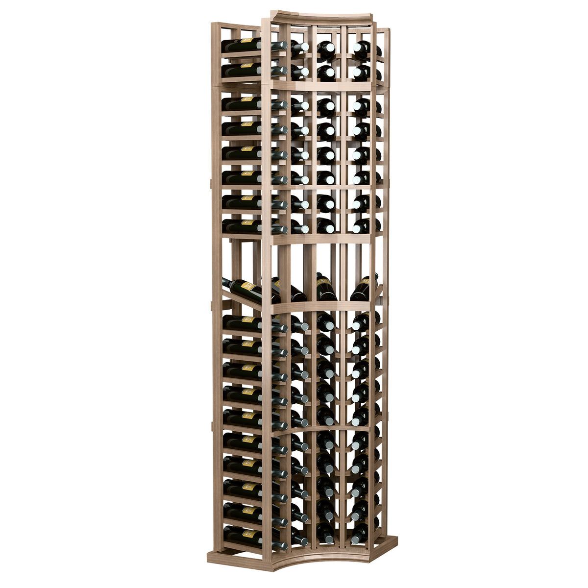Medium brown 4-column corner wine display rack with curved base and bottle storage