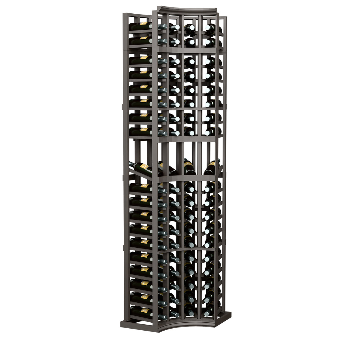 Dark grey 4-column corner wine display rack with curved base and bottle cubbies