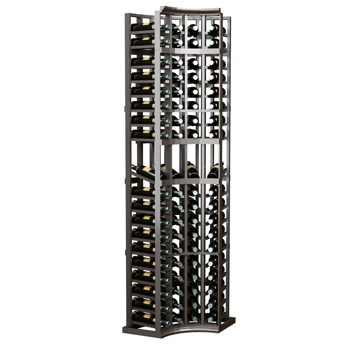 Dark grey 4-column corner wine display rack with curved base and bottle storage