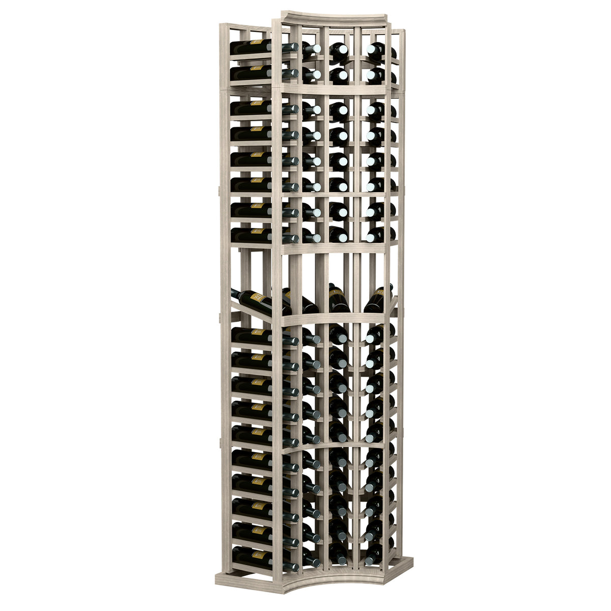 Whitewashed wood wine display rack, 4-column curved corner, bottle slot rows