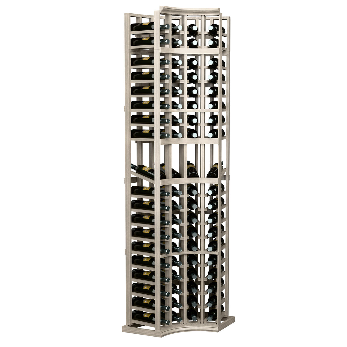 White wood wine display rack, 4-column curved corner, bottle slot rows