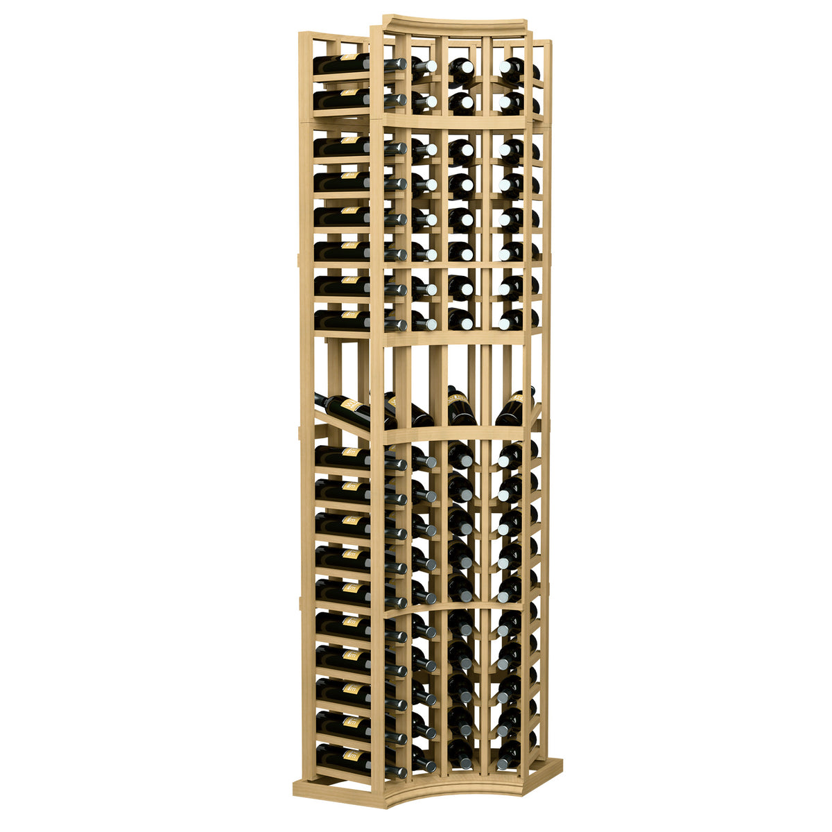 Light wood wine display rack, 4-column curved corner, bottle slot rows