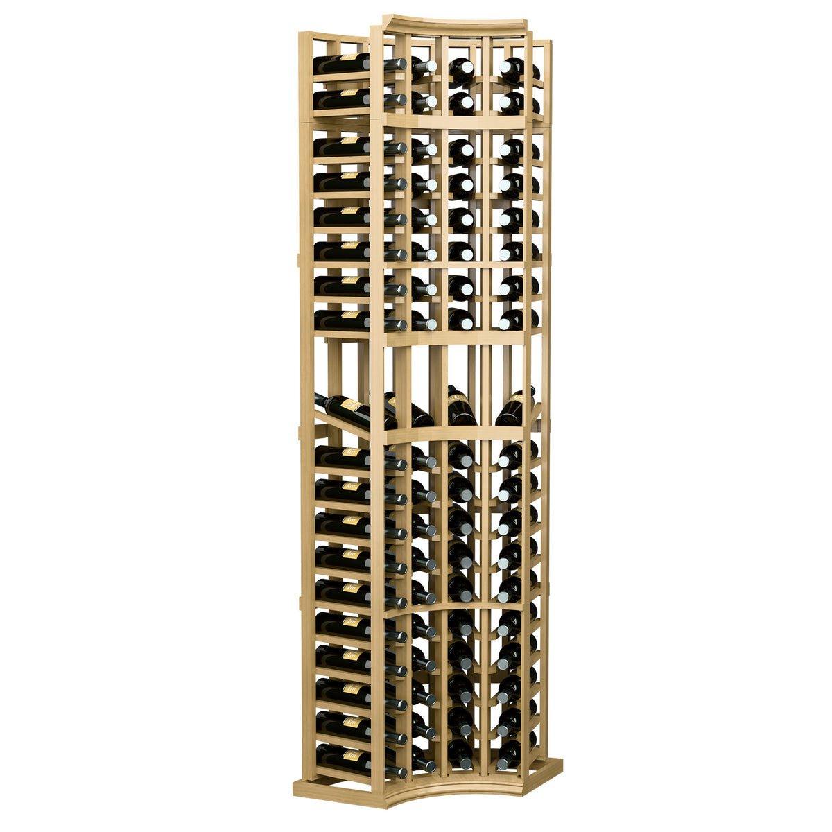 Natural wood wine display rack, 4-column curved corner, bottle slot rows