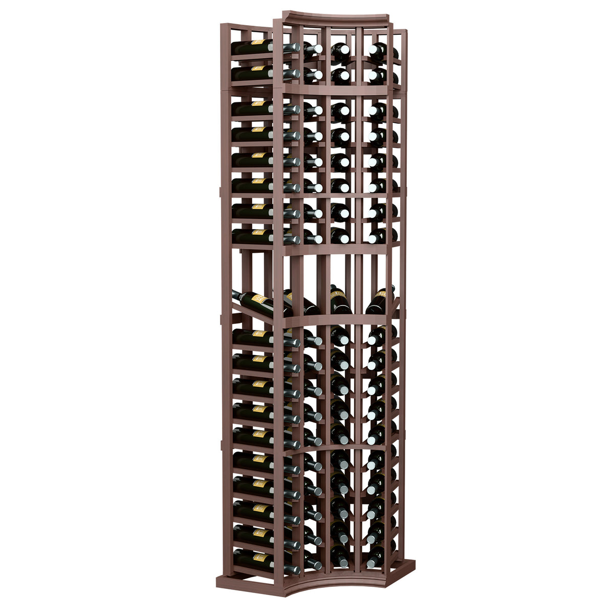 Dark wood wine display rack, 4-column curved corner, bottle slot rows