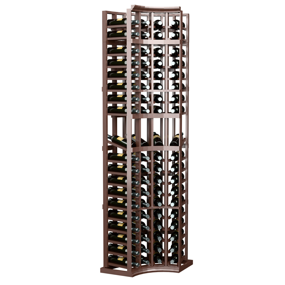 Espresso-finish wood wine display rack, 4-column curved corner, bottle slot rows