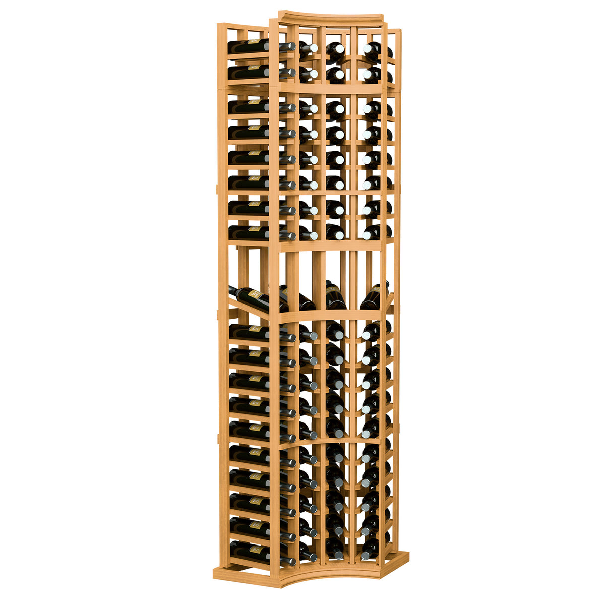 Golden wood wine display rack, 4-column curved corner, bottle slot rows