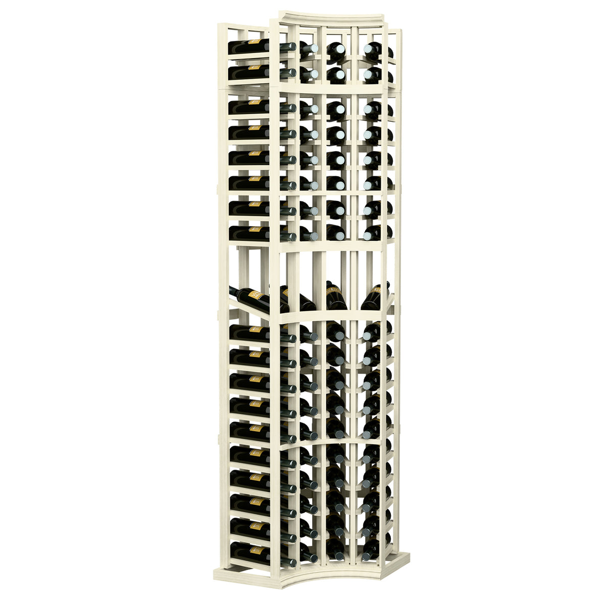 Cream wood wine display rack, 4-column curved corner, bottle slot rows