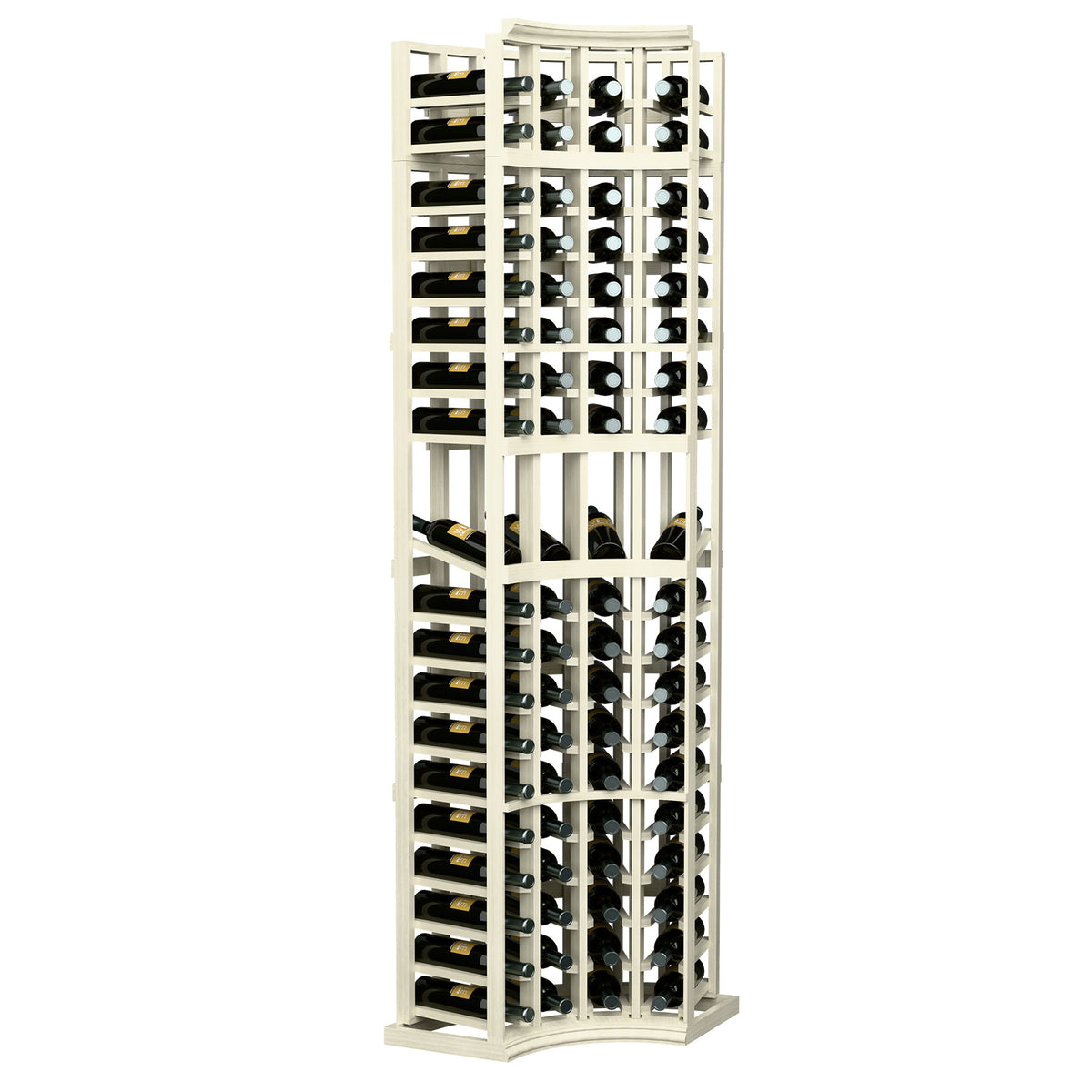 Off-white wood wine display rack, 4-column curved corner, bottle slot rows