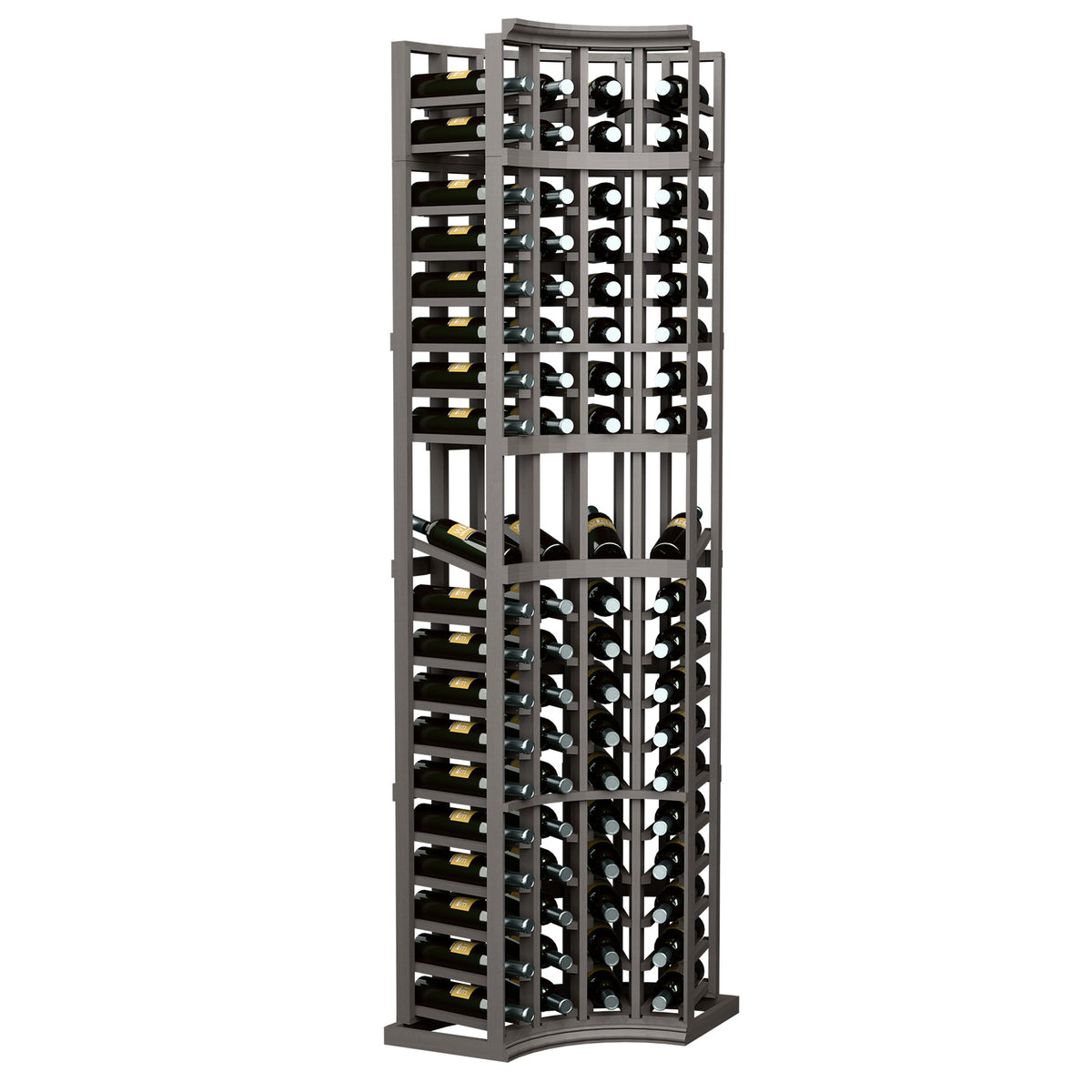 4-column curved corner wine display rack, dark gray slat frame with bottle slots