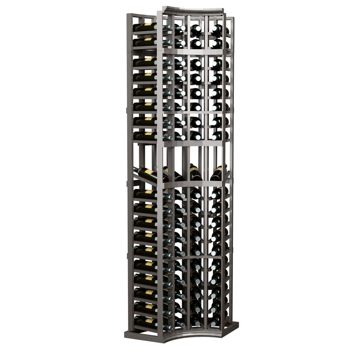 4-column curved corner wine display rack, dark gray frame with front bottle slots