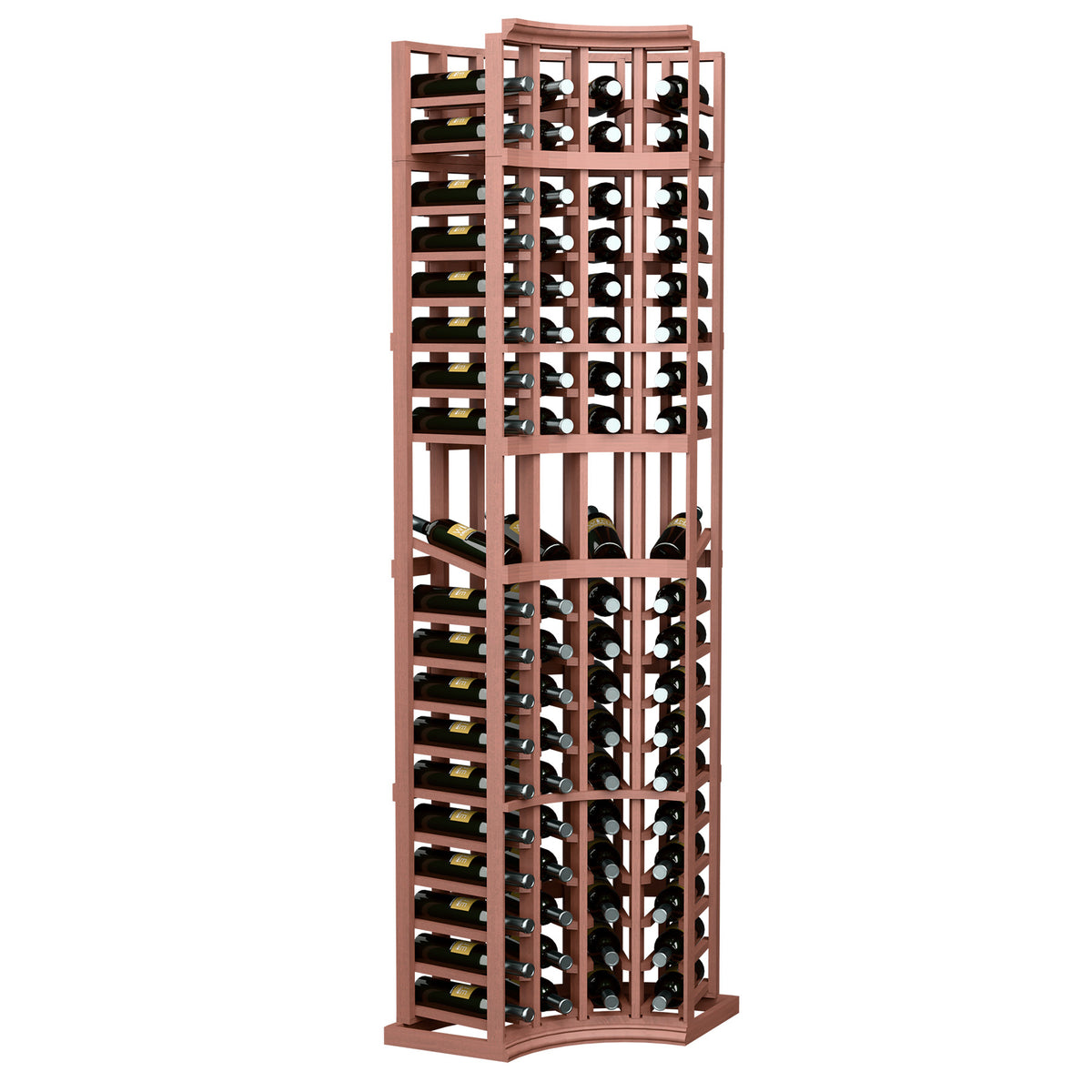 4-column curved corner wine display rack, reddish wood frame with bottle slots