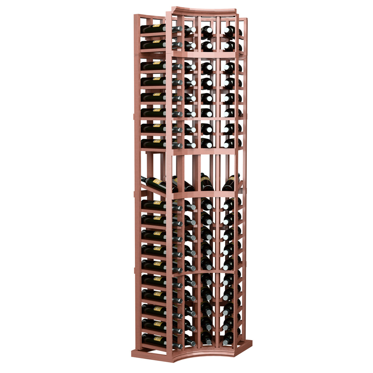 4-column curved corner wine display rack, warm red-brown frame with bottle slots