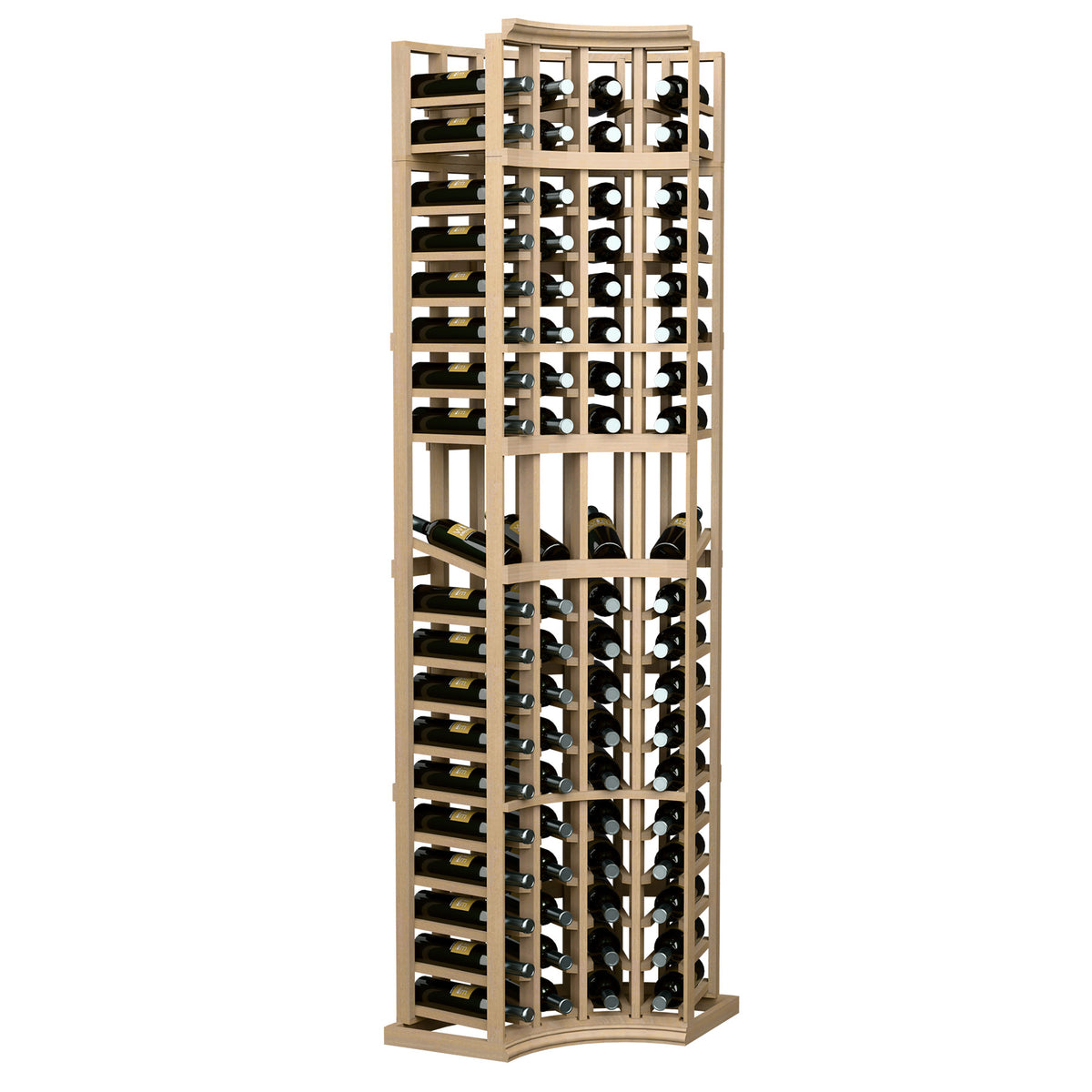 4-column curved corner wine display rack, light wood frame with bottle slots