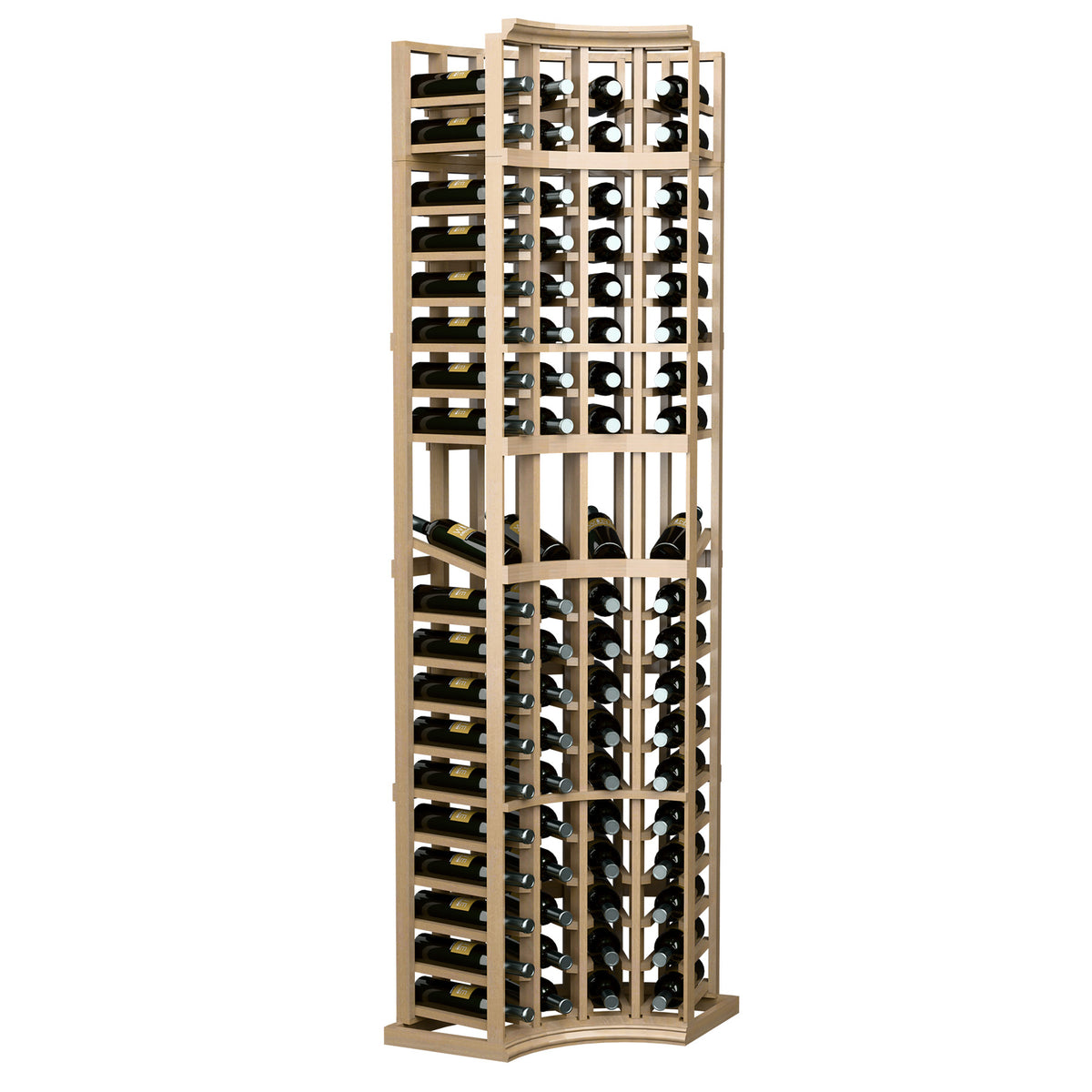 4-column curved corner wine display rack, pale wood frame with front bottle slots