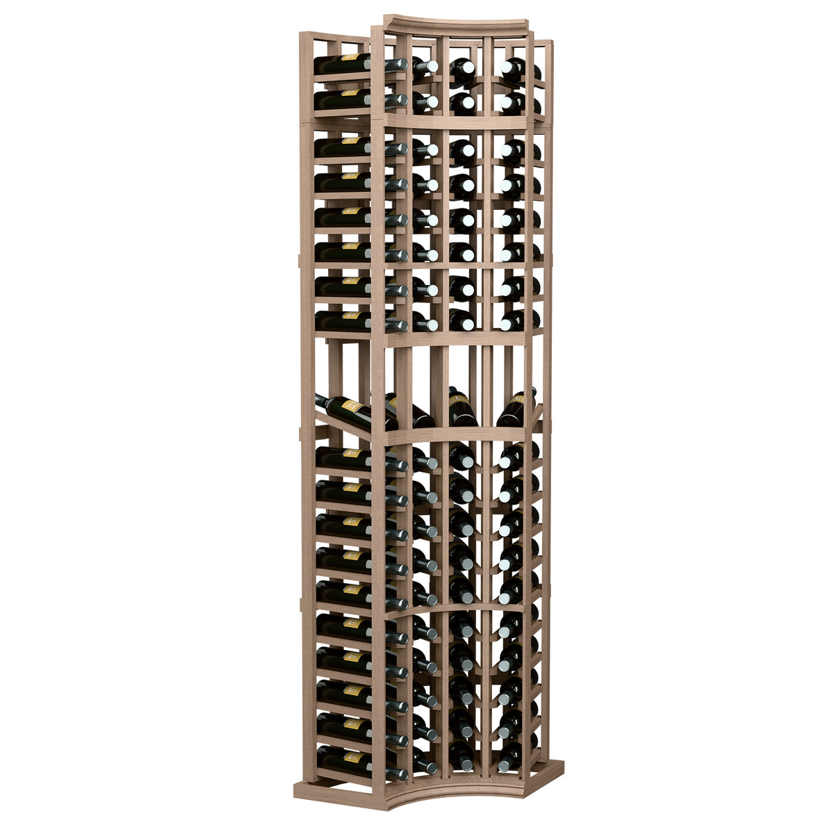 4-column curved corner wine display rack, light wood frame with wine bottle openings
