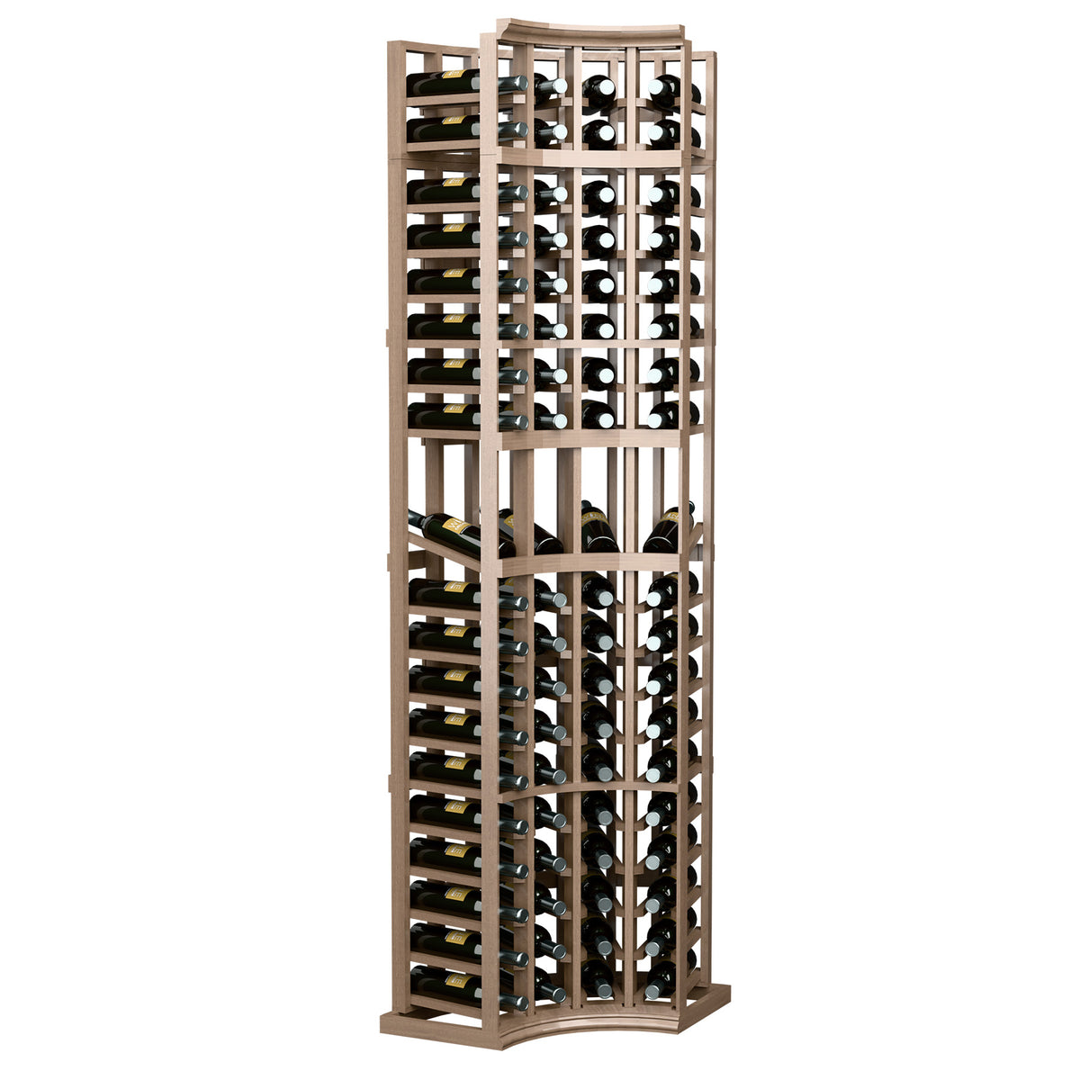 4-column curved corner wine display rack, light wood frame with multiple bottle slots