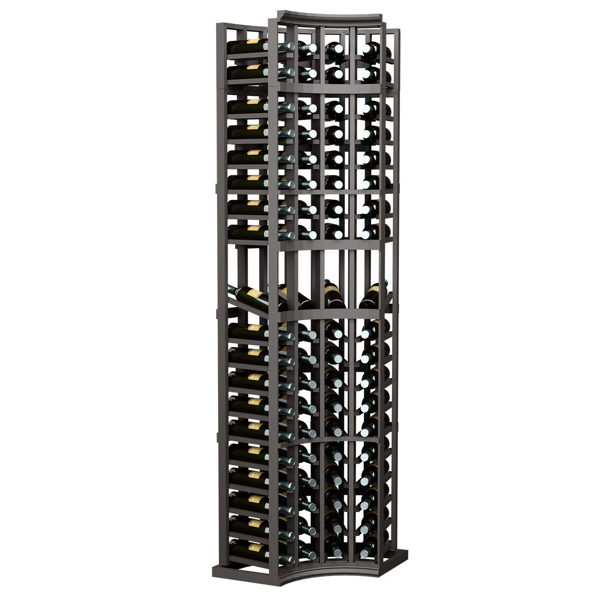 4-column curved corner wine display rack, dark charcoal slat frame with bottle slots