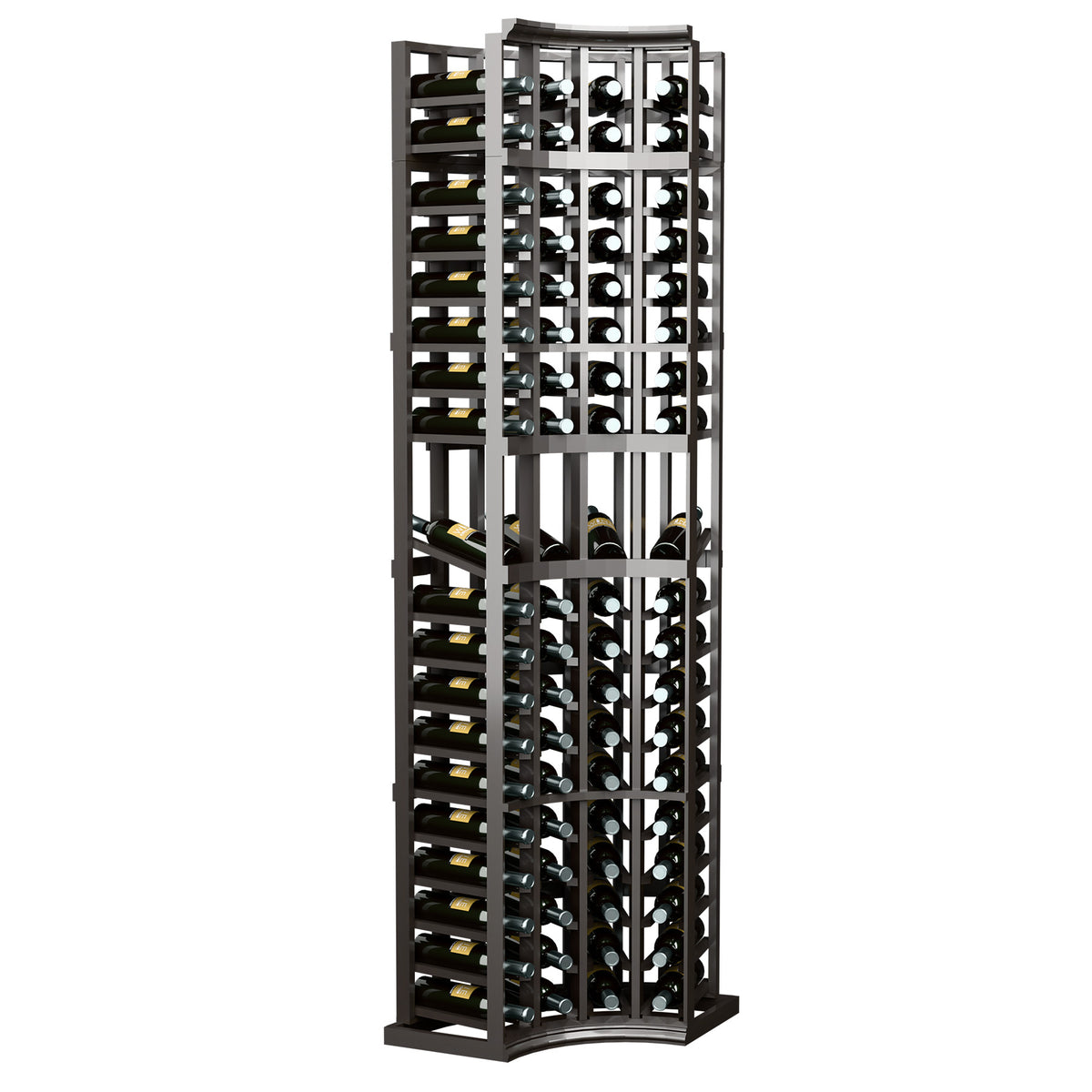 4-column curved corner wine display rack, dark charcoal frame with front bottle slots