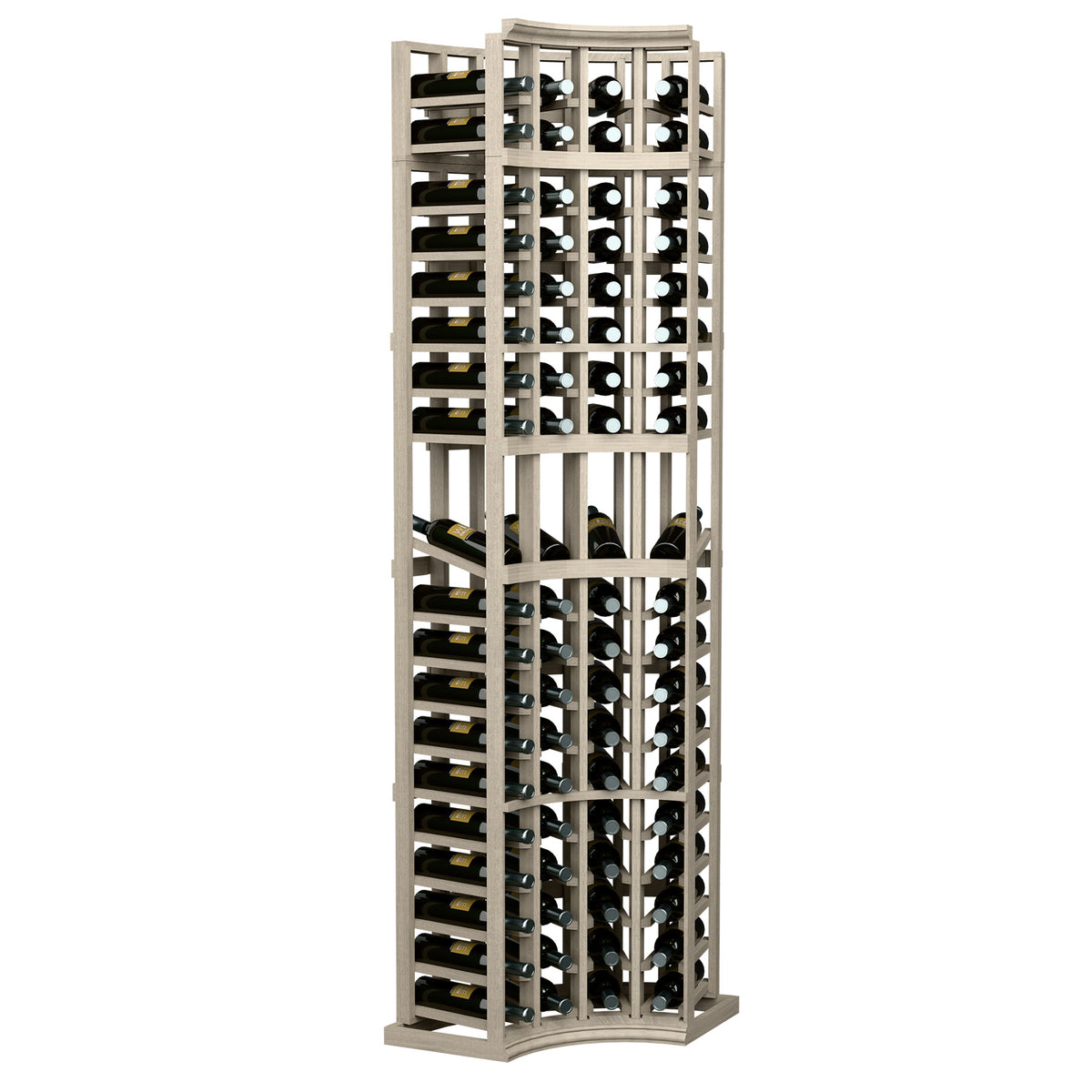 Light wood wine display rack with curved corner, 4 columns for bottles