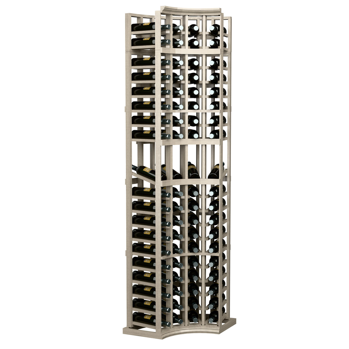 Light wood wine display rack with curved corner base, 4 columns for bottles