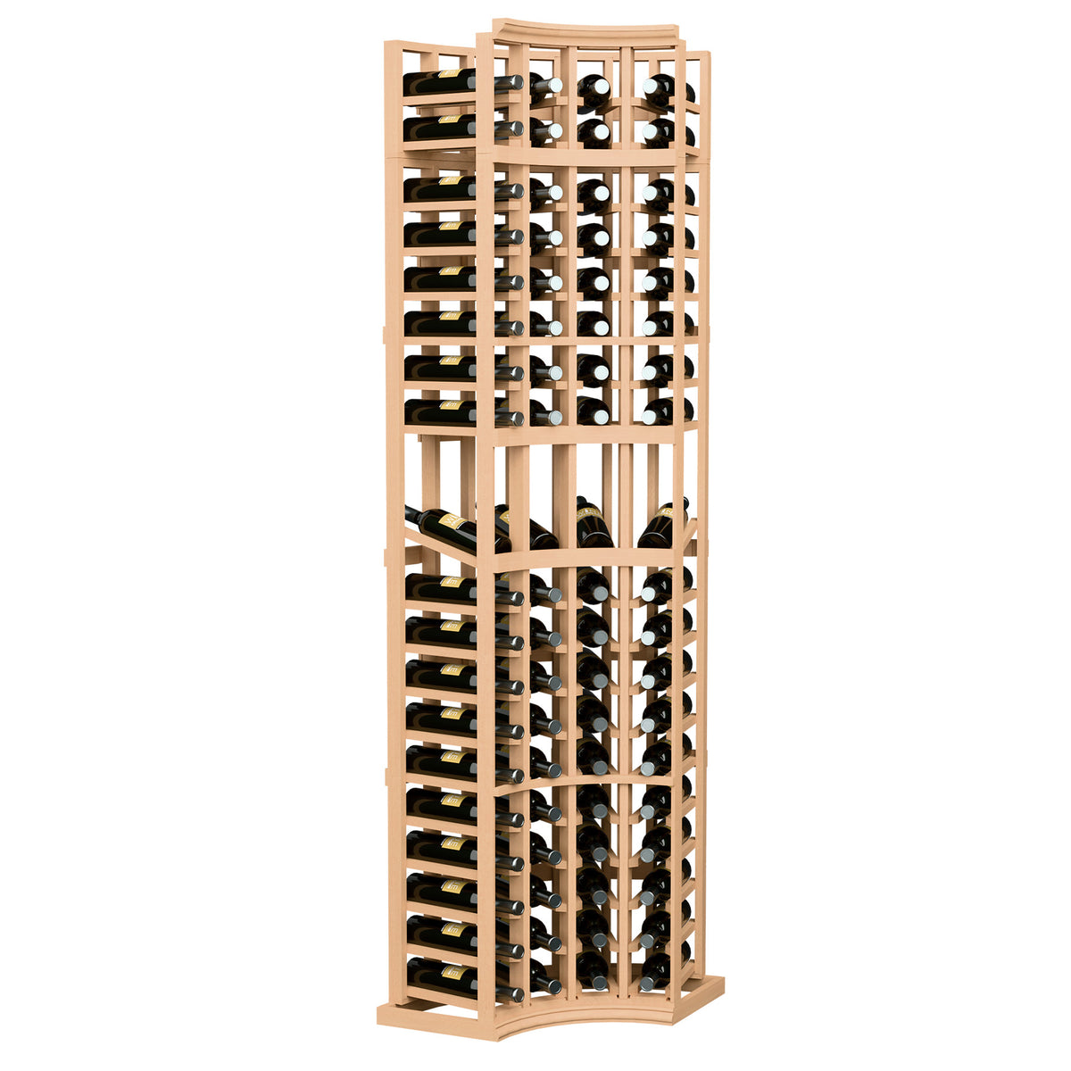 Natural wood wine display rack with curved corner, 4 columns for bottles