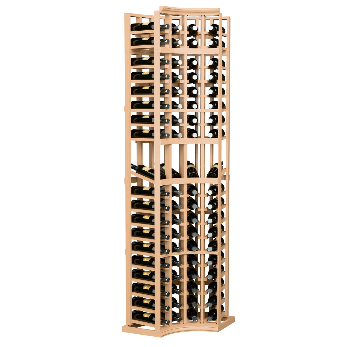 Natural wood wine display rack with curved corner base, 4 columns for bottles