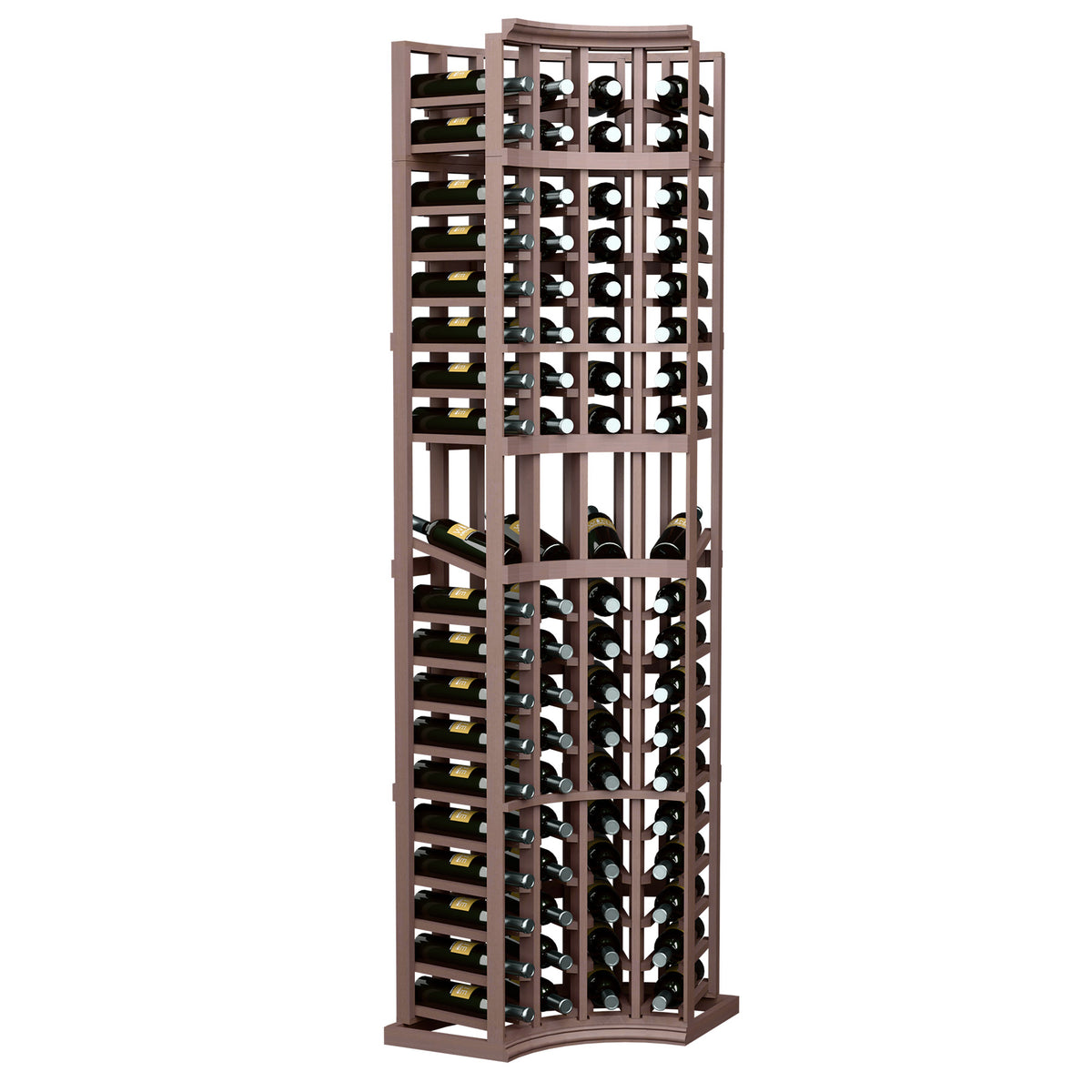 Dark brown wine display rack with curved corner, 4 columns for bottles