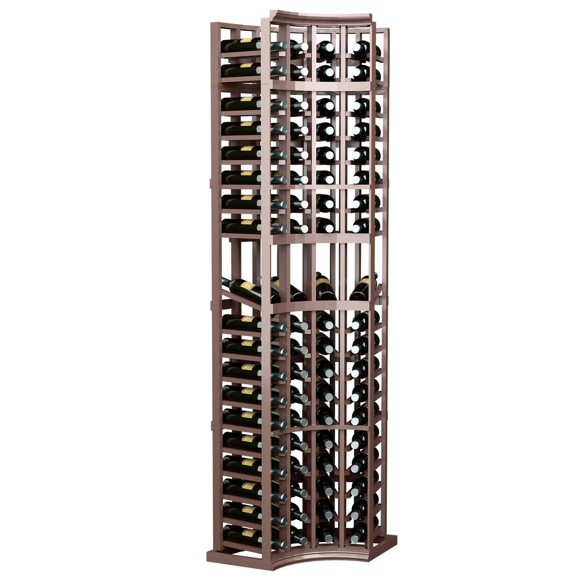Dark brown wine display rack with curved corner base, 4 columns for bottles