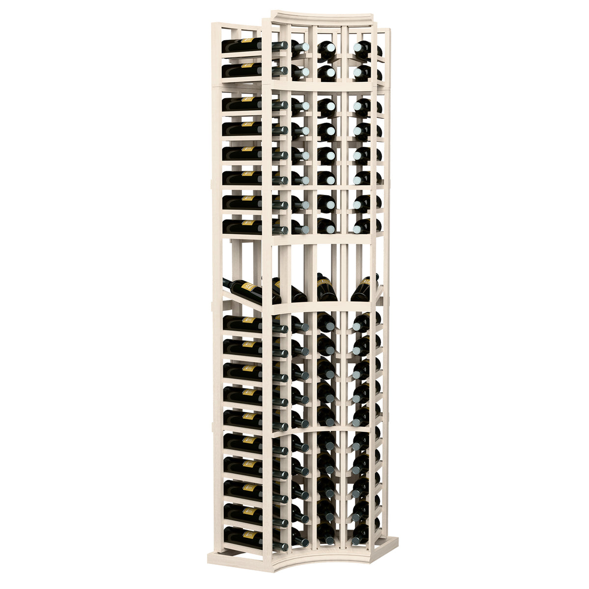 Whitewashed wine display rack with curved corner, 4 columns for bottles