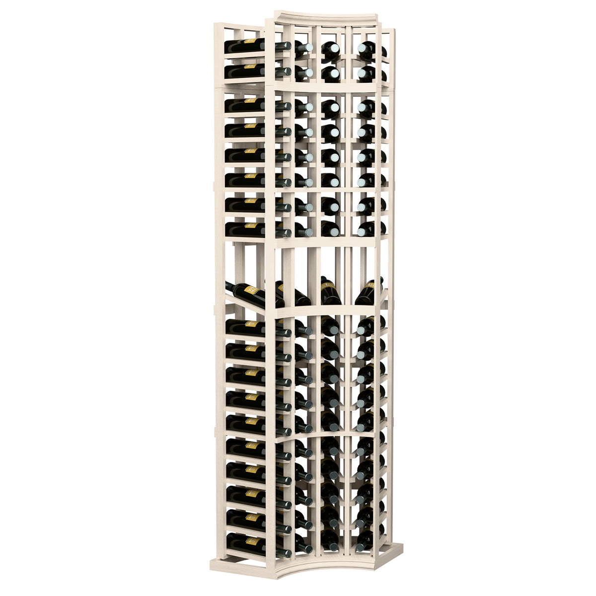 Whitewashed wine display rack with curved corner base, 4 columns for bottles