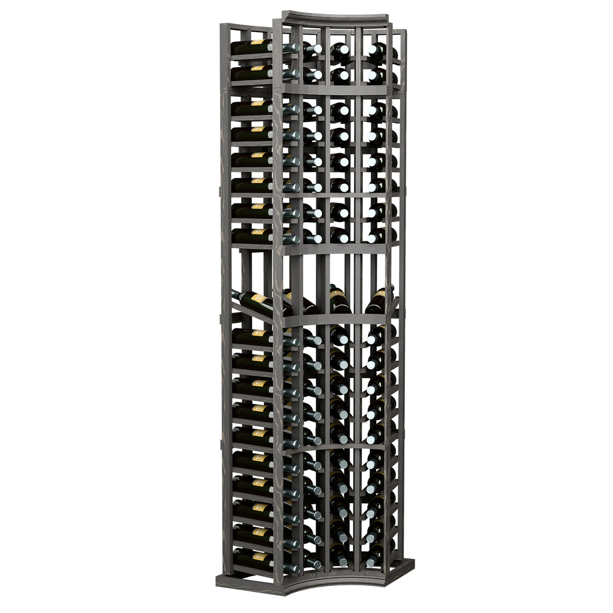 Dark wood 4-column curved corner display rack with bottle slots and arched base