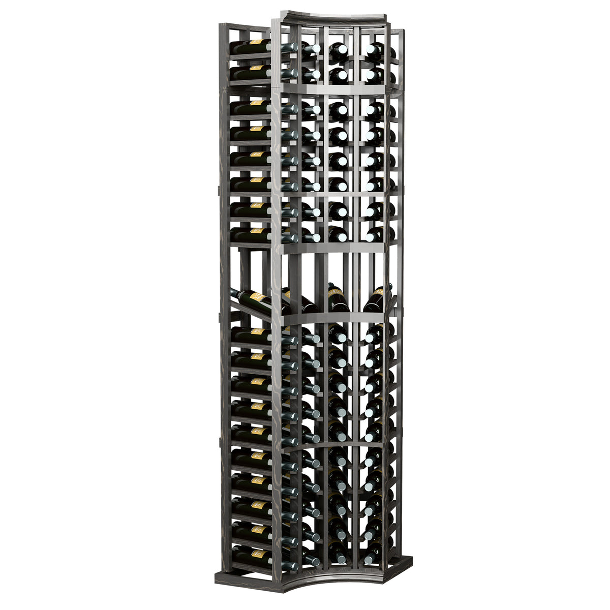 Black 4-column curved corner display rack with bottle slots and arched base