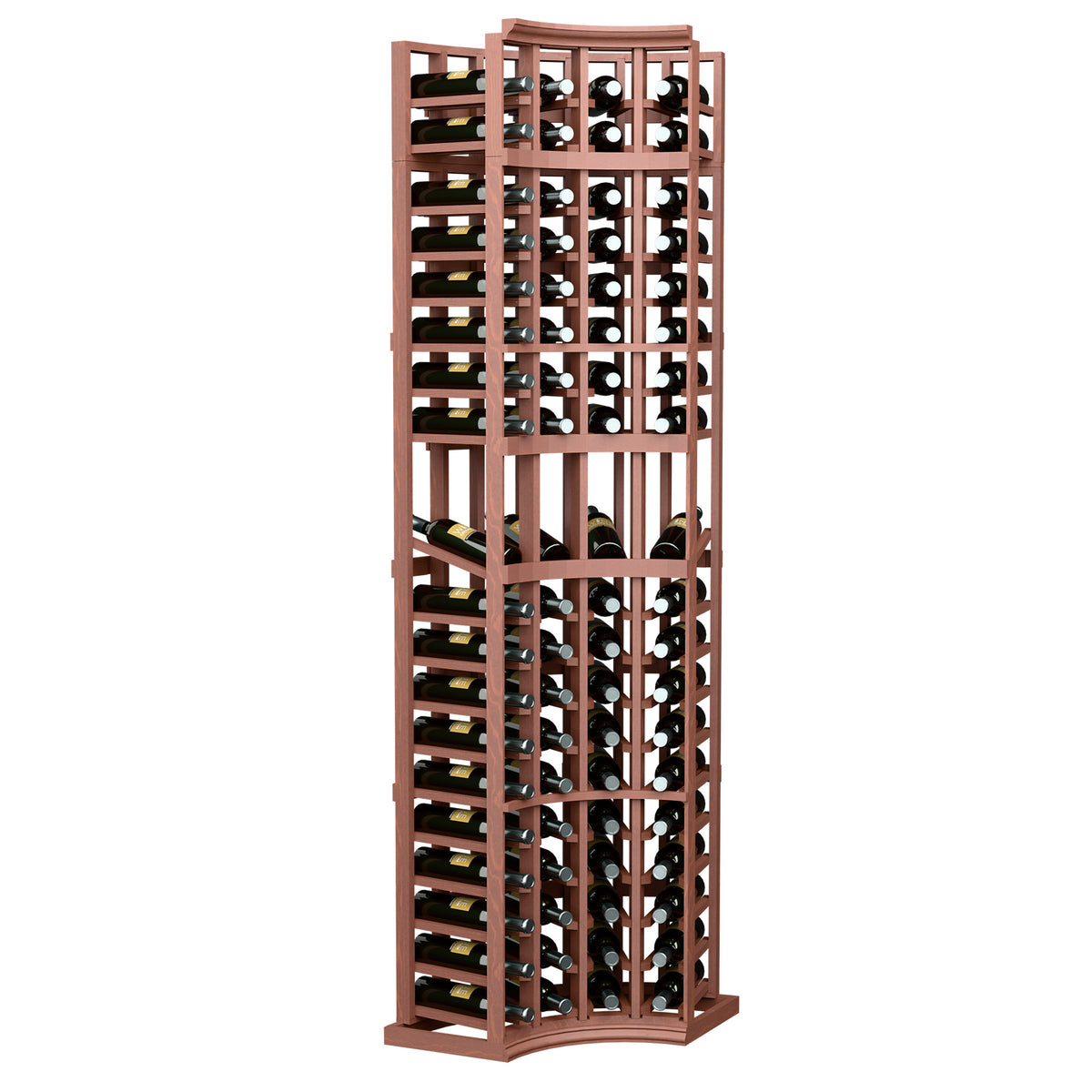 Red-brown wood 4-column curved corner display rack with bottle slots and arched base