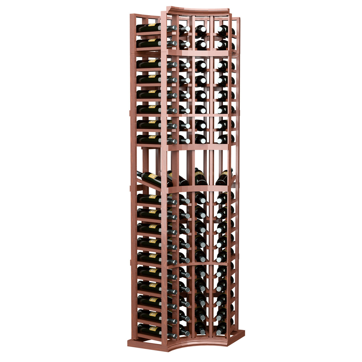 Warm red-brown 4-column curved corner display rack with bottle slots and arched base