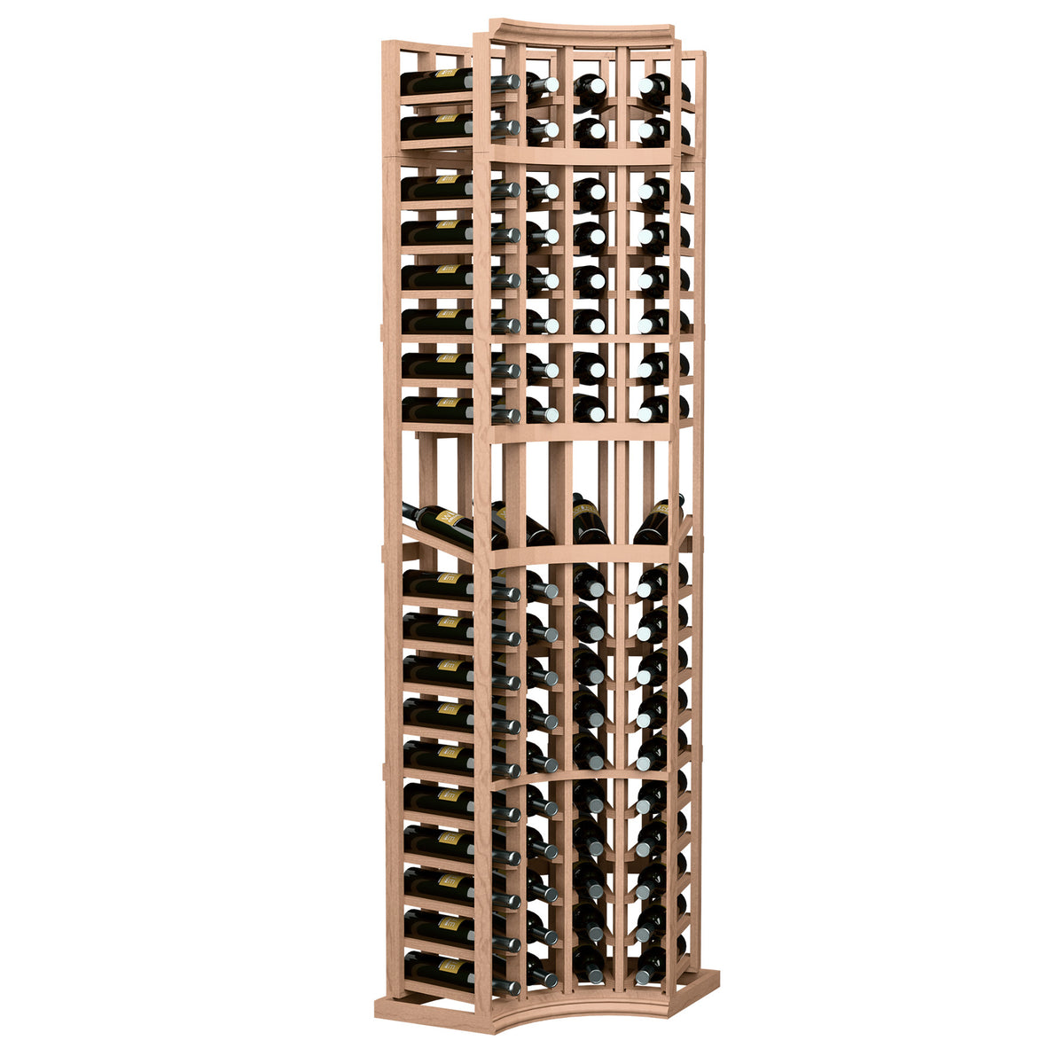 Warm brown 4-column curved corner display rack with bottle slots and arched base