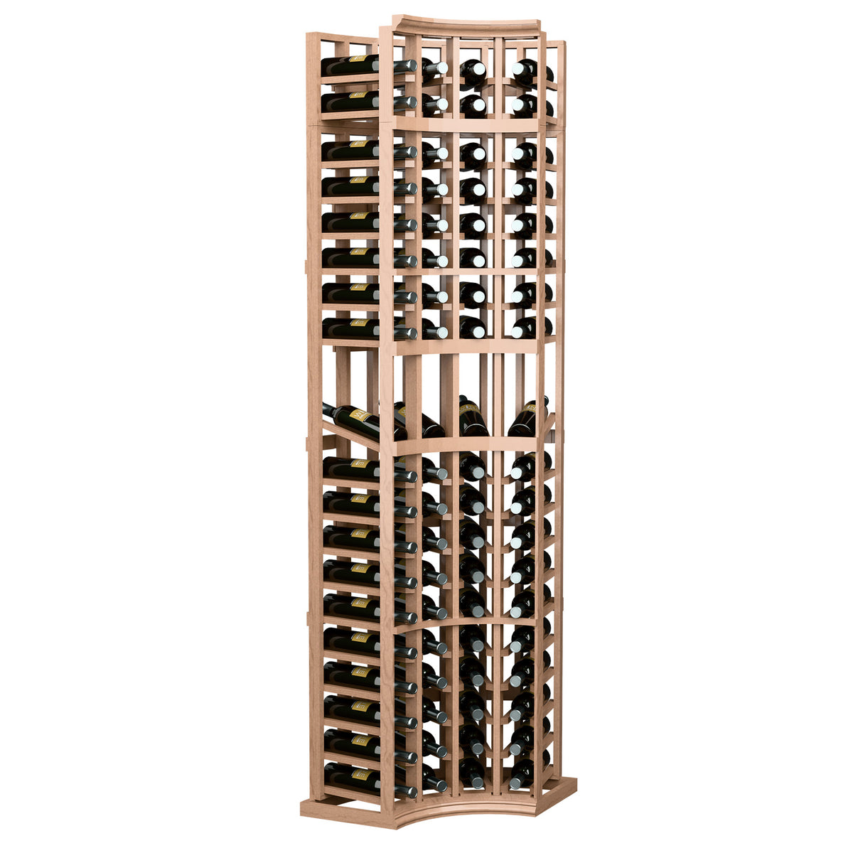 Light warm brown 4-column curved corner display rack with bottle slots and arched base