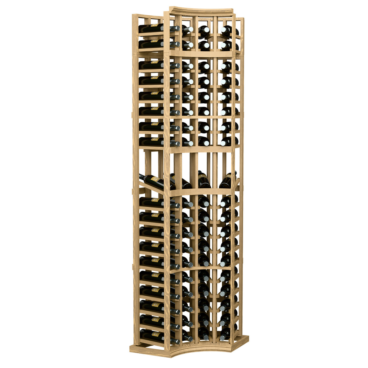 Natural light wood 4-column curved corner display rack with bottle slots and arched base