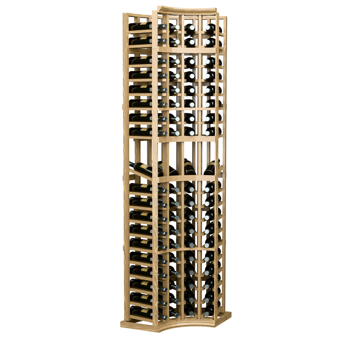 Light natural wood 4-column curved corner display rack with bottle slots and arched base