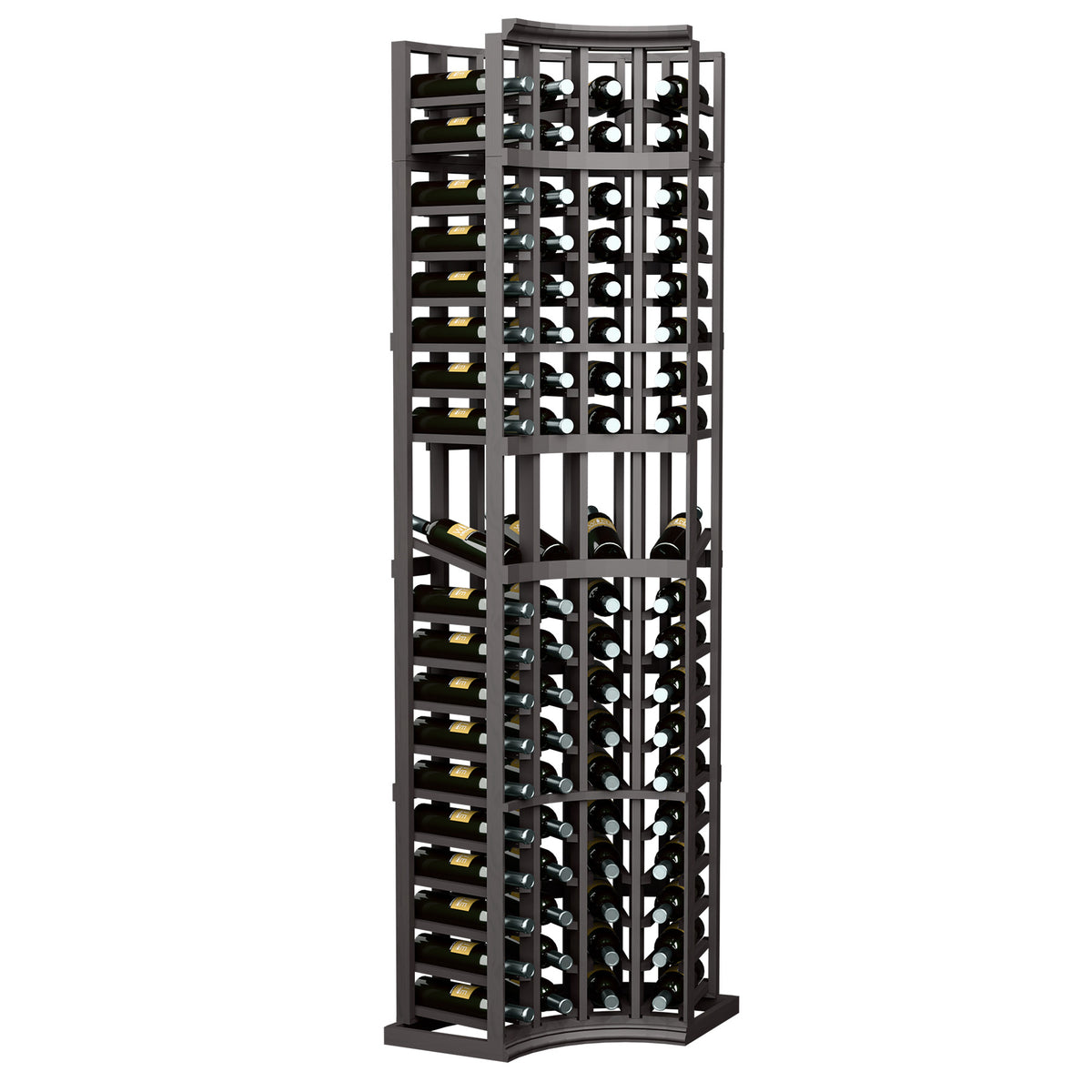 Charcoal dark wood 4-column curved corner display rack with bottle slots and arched base
