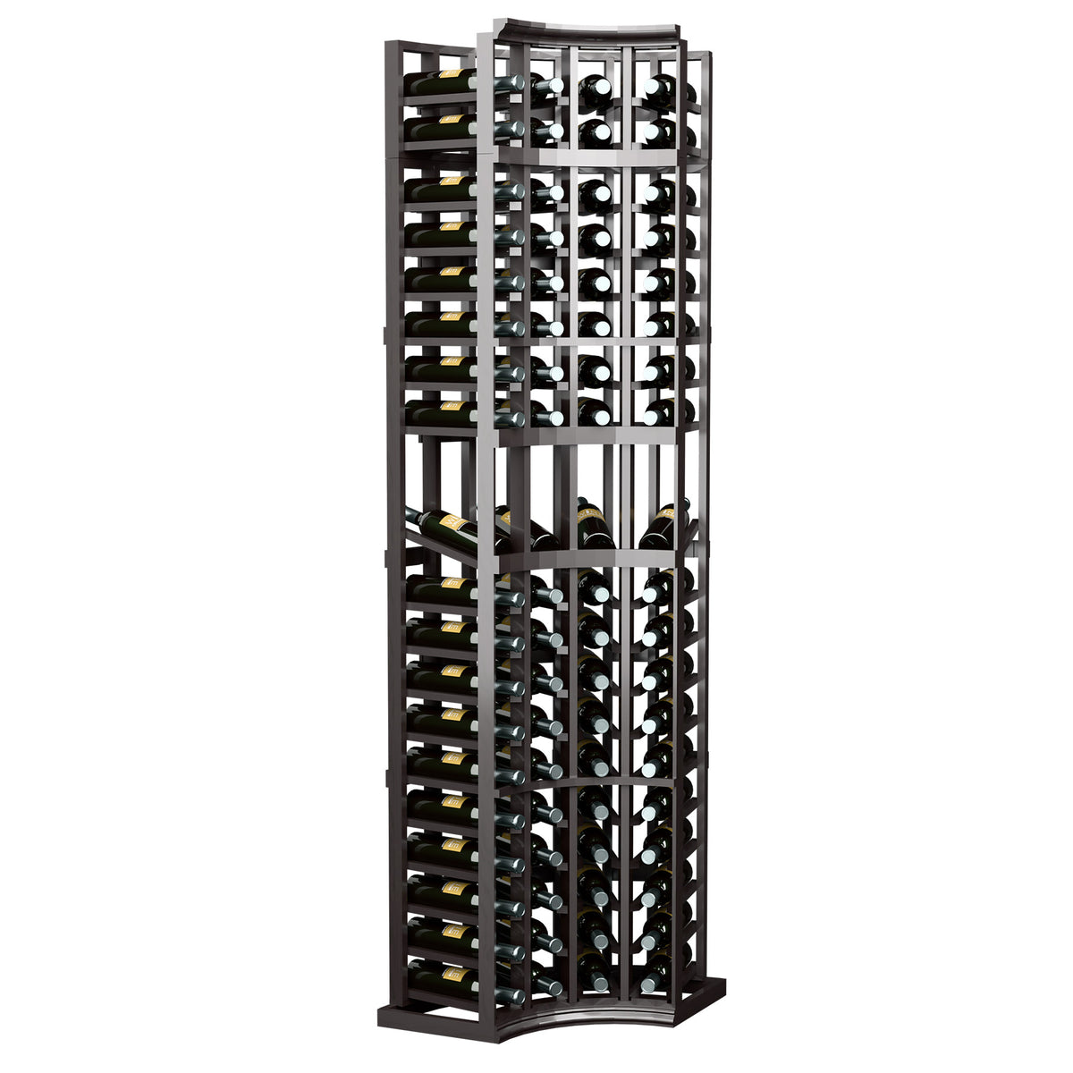 Dark gray 4-column curved corner display rack with bottle slots and arched base